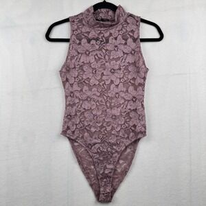 Zara Lace Bodysuit Top Sleeveless Mock Neck Mauve Size M Elegant Party